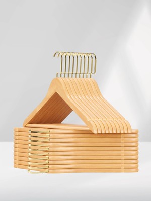 SDF Askı Ahşap Elbise Askısı ve Pantolon Askısı 10'lu Set Doğal Renk Tam Vernikli (Lux Gold Kancalı)