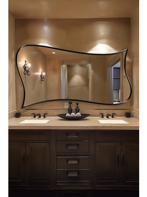 Premium Şık Ahşap Çerçeveli Asimetrik Ayna-Modern Kavisli Form Banyo Lavabo ve Estetik Duvar Aynası