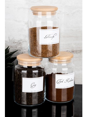Dolkin Home 3'lü Ahşap Vakum Kapaklı Çay/nescafe/türk Kahvesi Etiketli Cam Kavanoz Seti Saklama Kabı 800 ml
