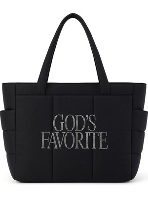 Bozz&Bozz God's Favorite Taş Işlemeli Siyah Kadın Omuz Çantası Büyük Boy Shopper Tote