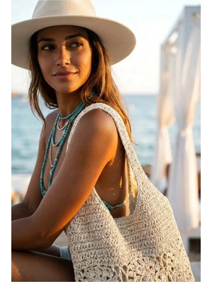 Fashion Cocktail Bej Geometrik Dairesel Desenli Çift Kalın Askılı Çıtçıtlı Astarlı Iç Cepli Kağıt Ip Örgü Bohem Doğal Hasır Çanta Örgü Örme Plaj Sahil Deniz Omuz Çantası