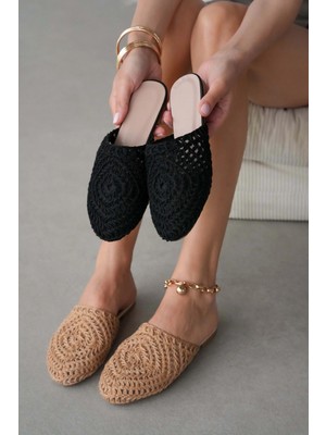 Selin Shoes Marevia Örgü Detay Iç Astarlı Düz Taban Kadın Terlik- Siyah