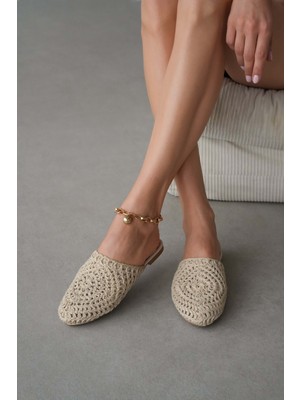Selin Shoes Marevia Örgü Detay Iç Astarlı Düz Taban Kadın Terlik- Ekru