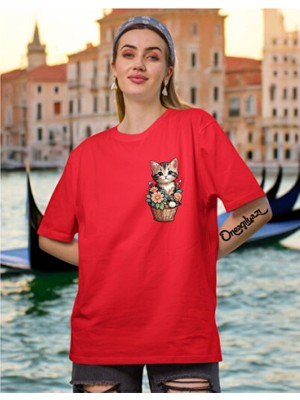 Empressco Saksı Kedi Baskılı Kadın Oversize T-Shirt