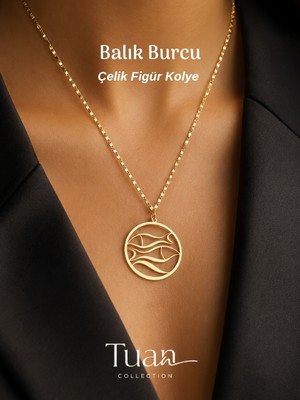 Tuan Collection Balık Burcuna Özel Çelik Figür Zirkon Altın Kaplama Kolye Balık Burcu Figür