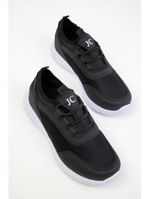 Zerenyus JC30005 - Bağcıksız Rahat Ortopedik Triko Günlük Kadın Sneaker Siyah Beyaz