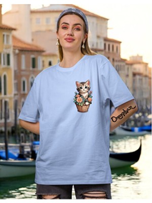 Empressco Saksı Kedi Baskılı Kadın Oversize T-Shirt
