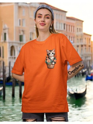 Empressco Saksı Kedi Baskılı Kadın Oversize T-Shirt