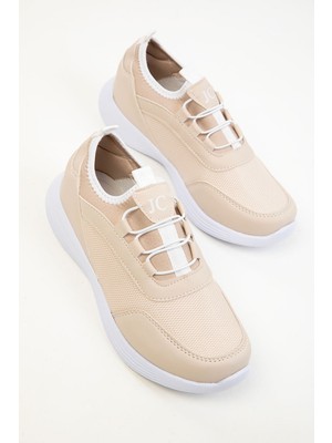 Zerenyus JC30005 - Bağcıksız Rahat Ortopedik Triko Günlük Kadın Sneaker Bej