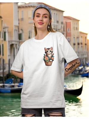 Empressco Saksı Kedi Baskılı Kadın Oversize T-Shirt