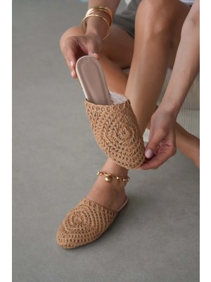 Selin Shoes Marevia Örgü Detay Iç Astarlı Düz Taban Kadın Terlik- Taba