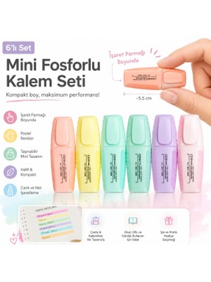Ceo Mini Fosforlu Kalem 6’lı Set Pastel Renkler Kompakt Boy Işaretleme Kalemi Okul Ofis Ders Notu Kalemi