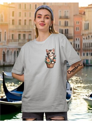 Empressco Saksı Kedi Baskılı Kadın Oversize T-Shirt