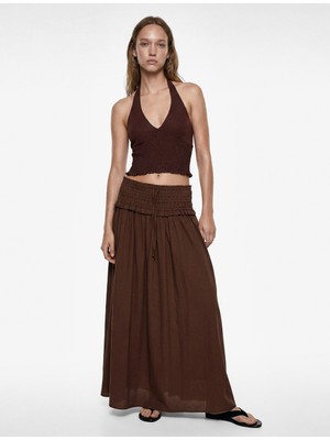Koton Keten Karışımlı Halter Yaka Boyundan Bağlamalı Gipeli Crop Top