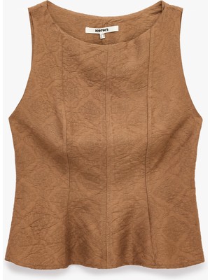 Koton Viskon Kumaş Floral Dokulu Kolsuz Bisiklet Yaka Peplum Bluz