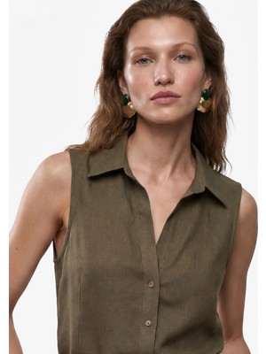 Koton Düğmeli Slim Fit Kolsuz Keten Gömlek