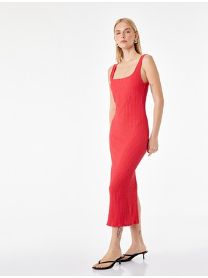 Koton Koton x Sibil Çetinkaya - Kare Yaka Kalın Askılı Bodycon Uzun Kalem Elbise