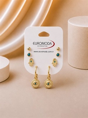 twingold Nazar Detaylı Gold Renk 4'lü Küpe Seti