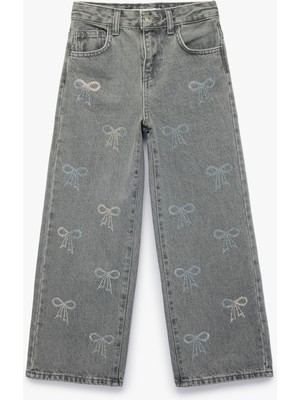 Koton Fiyonk Nakış Detaylı Pamuklu Geniş Paça Denim Pantolon