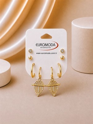 twingold Özel Tasarım Gold Renk 4'lü Küpe Seti