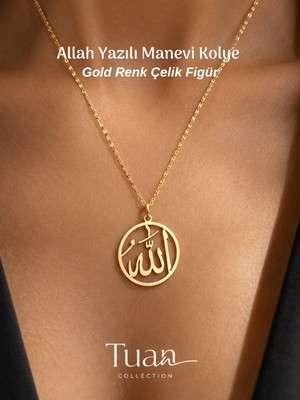 Tuan Collection Allah Yazılı Çelik Figür Lak Altın Kaplama Zincir Maneviyat Kolye Allah Yazılı Kolye Dini Takı