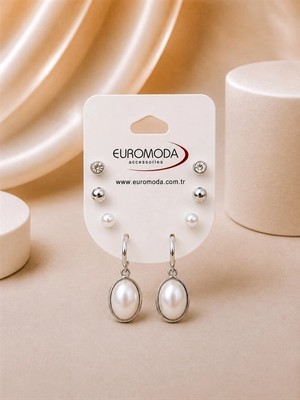 twingold Oval Taş Büyük Detaylı Gümüş Renk 4'lü Küpe Seti