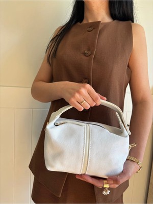 Laletto Bags Kadın Beyaz Lilyum Model Kilit Detaylı Keten El & Çapraz Çanta