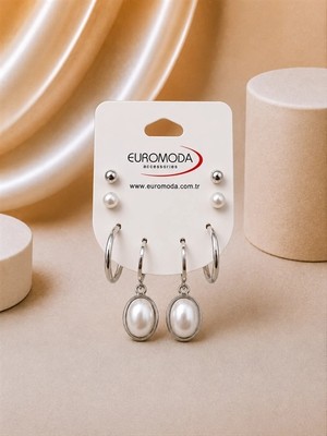 twingold Oval Taş Küçük Detaylı Gümüş Renk 4'lü Küpe Seti