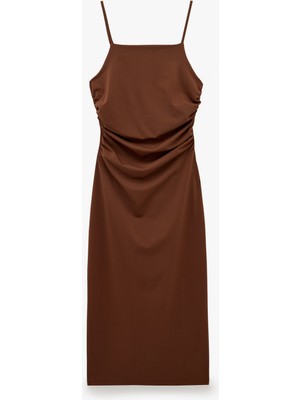 Koton Slim Fit Kare Yaka Ip Askılı Drapeli Midi Elbise