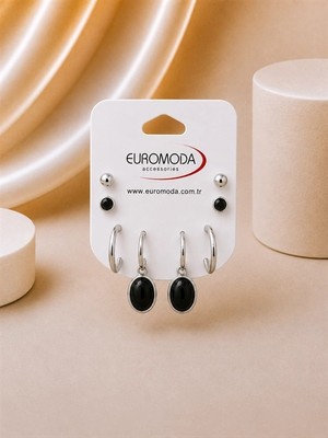 twingold Oval Taş Detaylı Siyah Renk 4'lü Küpe Seti
