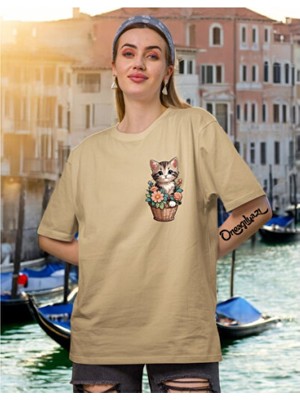 Empressco Saksı Kedi Baskılı Kadın Oversize T-Shirt