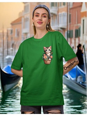 Empressco Saksı Kedi Baskılı Kadın Oversize T-Shirt