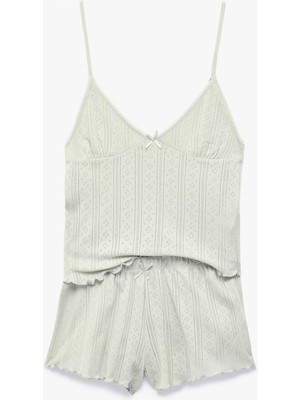 Koton Fiyonk Detaylı Dokulu Pamuklu Askılı Şortlu Pijama Takımı