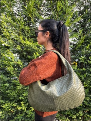 Laletto Bags Kadın Hazeran Model Örgü Detaylı Büyük Boy Kol Çantası