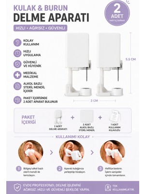 Milena Life Kulak ve Burun Delme Aparatı Küpe Dahil, Tek Kullanımlık Steril Piercing Delme Aparat, Pratik Yaylı 2 adet