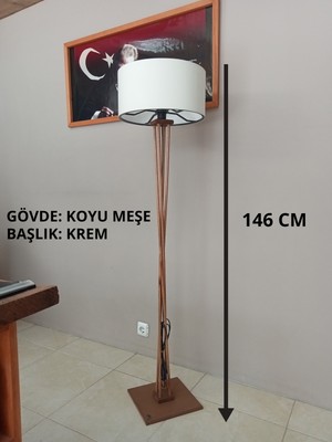 Balsa Dekor Krem Kumaş Başlık- Koyu Meşe -Ahşap Lambader- Köşe Aydınlatma