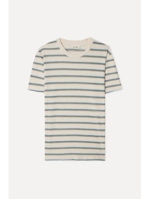 Mudo Erkek Beyaz Çizgili Comfort Fit Bisiklet Yaka T-Shirt