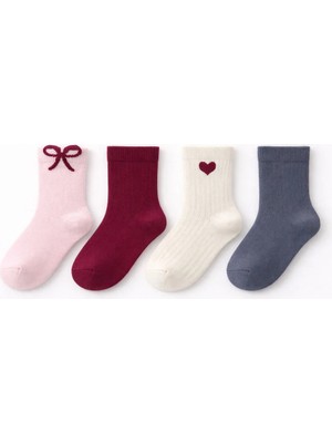 Solde Socks 4’lü Set Bebek Pamuklu Günlük Çorap – Fiyonk & Kalp Desenli, Düz Renk, Kaliteli