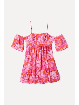 Mudo Kadın Pembe Floral Desenli Düşük Omuz Kloş Mini Elbise