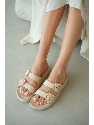 Selin Shoes Vessina Ayarlanabilir Çift Toka Detaylı Kadın Terlik- Ekru