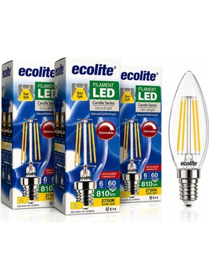 Ecolite Filament LED Mum Ampul E14 Duy 6W 810 Lümen Dim Edilebilir 2700K Sarı Işık Şeffaf Dekoratif Vintage Ampul 60W Eşdeğer C35 Candle Series (3)