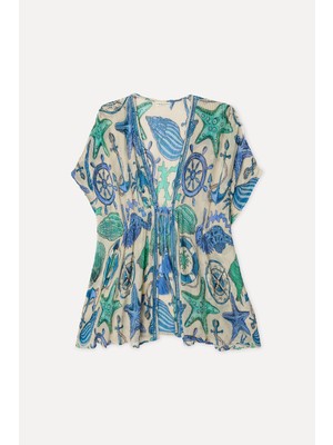Mudo Kadın Mavi Desenli Relax Fit Kimono