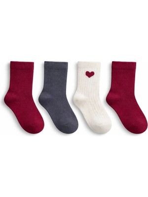 Solde Socks 4’lü Set Bebek Pamuklu Günlük Çorap – Kalp Desenli & Düz Renk, Kaliteli