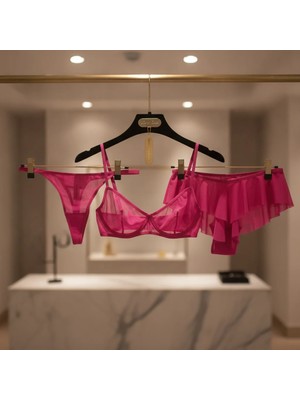 Bonbon Kadın Tül Transparan Balenli Sütyen, Checky ve String Külotlu 3 Lü Paket BB2619