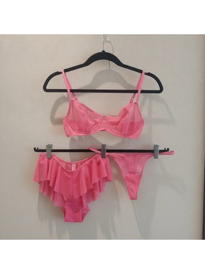 Bonbon Kadın Tül Transparan Balenli Sütyen, Checky ve String Külotlu 3 Lü Paket BB2622