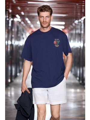 Grimelange Exotıc Erkek %100 Organik Pamuklu Baskı Detaylı Rahat Kalıp Lacivert T-Shirt