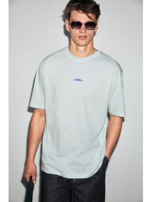 Grimelange Exotıc Erkek %100 Organik Pamuklu Baskı Detaylı Rahat Kalıp Mavi T-Shirt