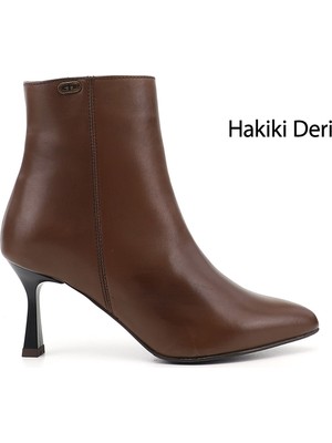 Gönderi(r) Kadın Kahve  Fermuarlı Sivri Burun Hakiki Deri Bot