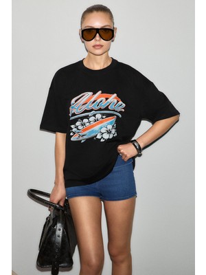 Grimelange Mechelena Kadın %100 Organik Pamuklu Yuvarlak Yakalı Baskılı Siyah T-Shirt