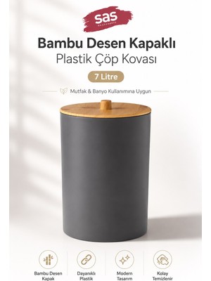 Sas Haus Bambu Desen Kapaklı Plastik Çöp Kovası 7 Litre Antrasit Mutfak Banyo Çöp Kovası